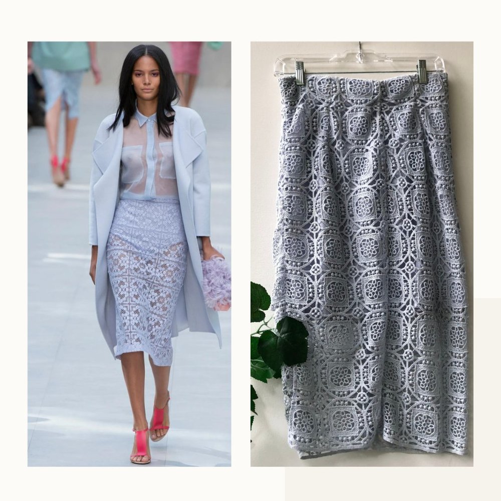 Zara Women High Waist Midi Length Skirt Blue Cotton Lace Pencil Skirt, Small
